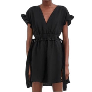 Zara Women's SZ M Sash Side Tie Ruffle Sleeve Mini Dress Black Party Wedding